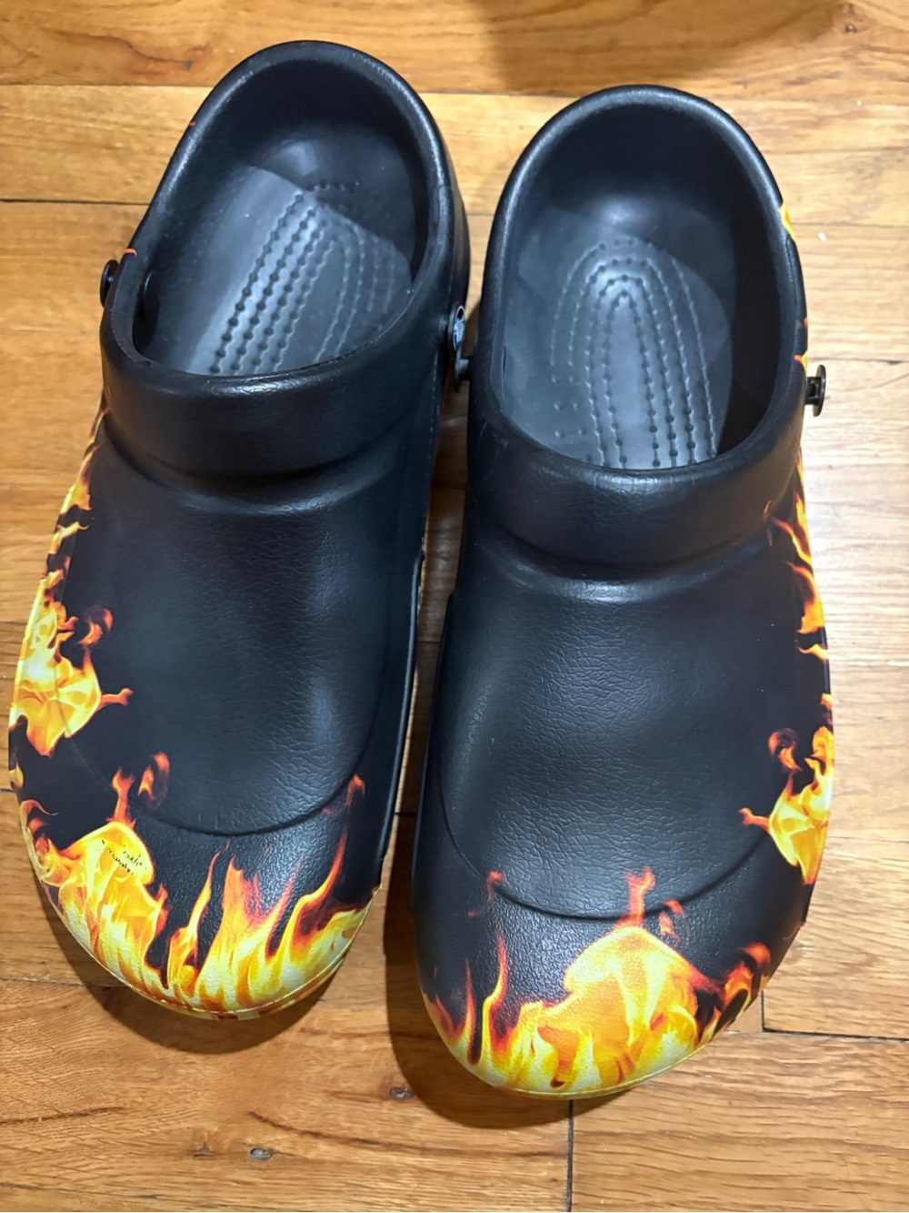 Men’s size 10 Black Croc Shoes with Flame Print